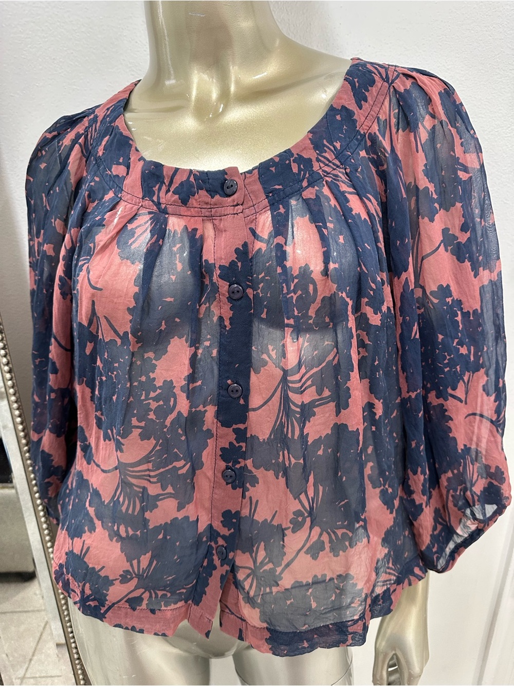 Postella Sheer Floral Button-Front Blouse in Dusty Rose and Navy